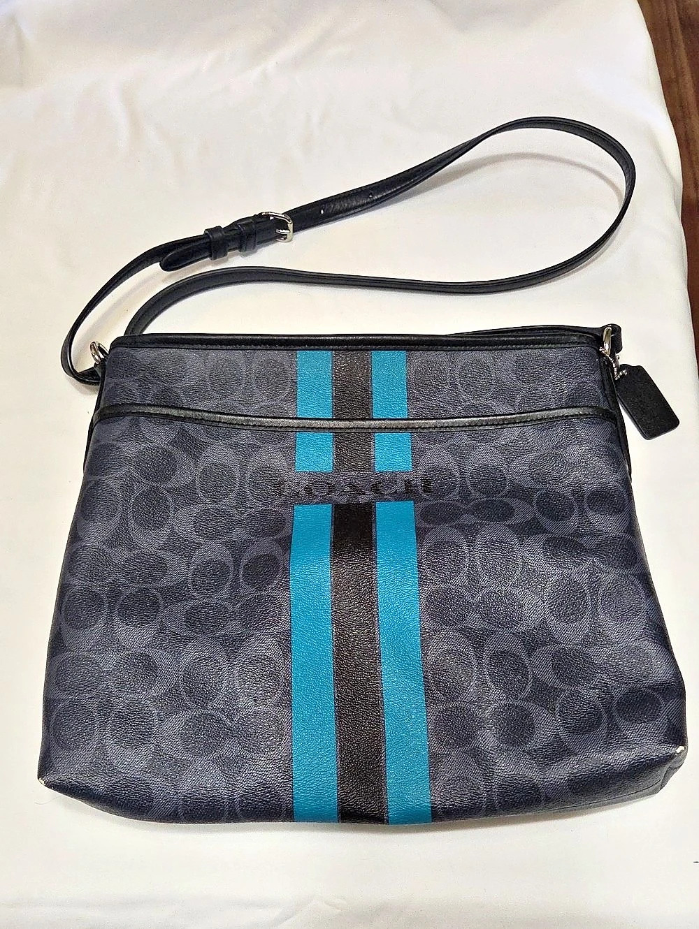Coach File Crossbody In Signature Jacquard With Stripe Black & Blue